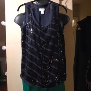 Ann Taylor Loft SM sequined navy blue blouse
